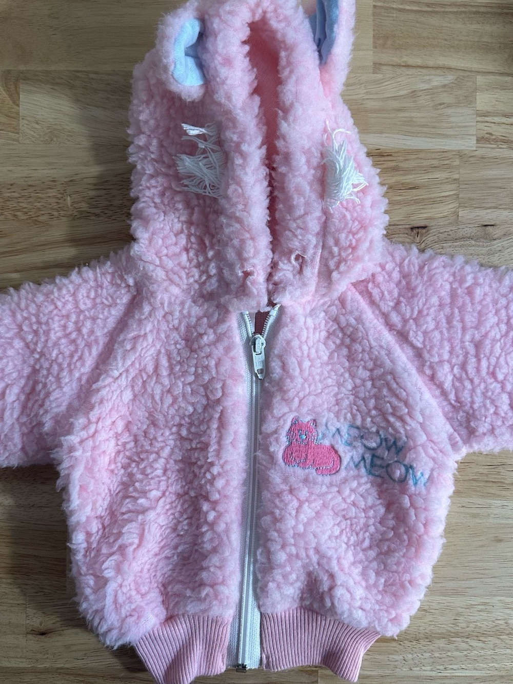 Vintage Pink Sherpa Baby Hoodie with Cat Embroidery